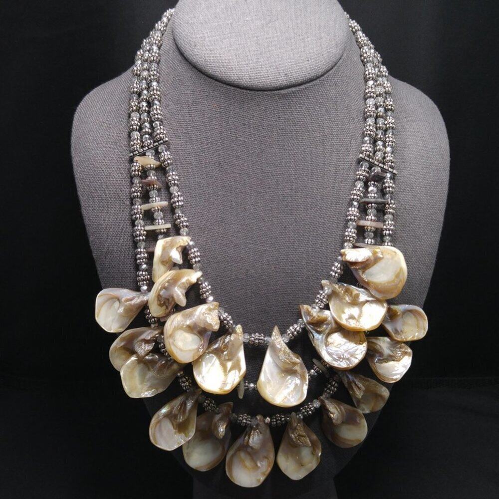 Chico's Natural Shell Beaded Necklace, Three Strands, Silver Beads, 22 Inches
